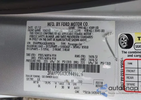 2012 Ford Fusion S from USA, damaged, VIN 3FAHP0GA3CR449826